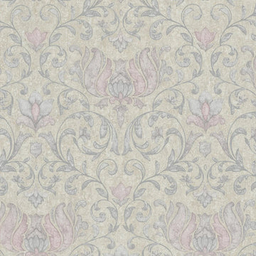 Marburg City Romance 35152 wallpaper with trailing floral damask in soft grey and dusty blush on a warm beige, plaster-like background.