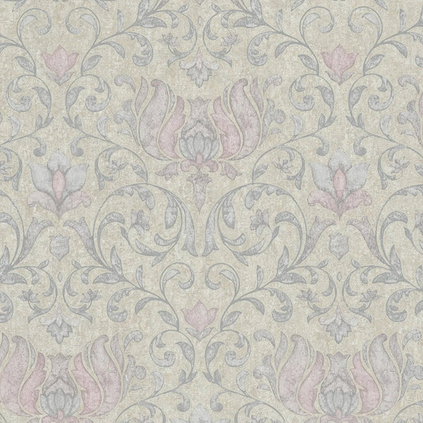 Marburg City Romance 35152 wallpaper with trailing floral damask in soft grey and dusty blush on a warm beige, plaster-like background.