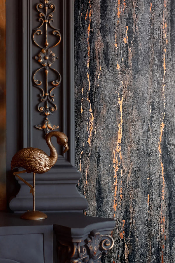 Marburg 35156 wallpaper moody lounge feature wall next to an ornate mantel with a metal flamingo sculpture.