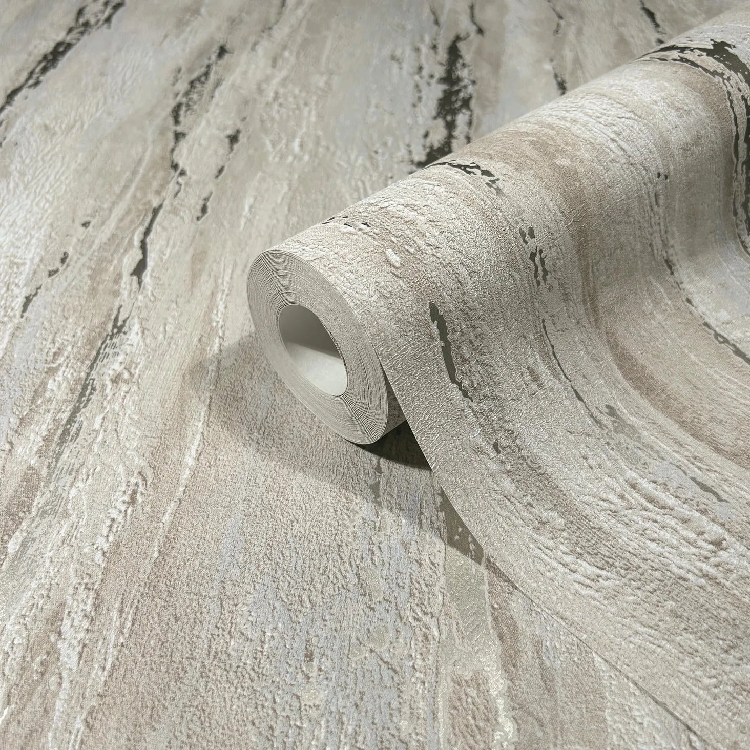 Marburg 35157 wallpaper close-up roll showing textured beige and gray striated pattern.