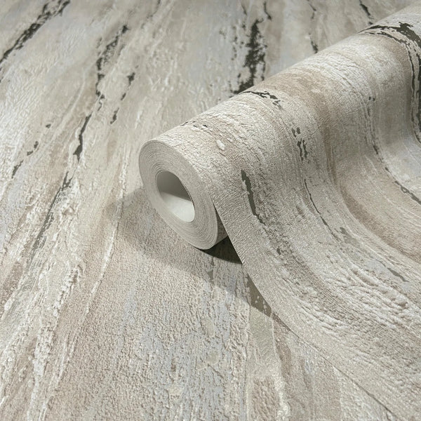 Marburg 35157 wallpaper close-up roll showing textured beige and gray striated pattern.