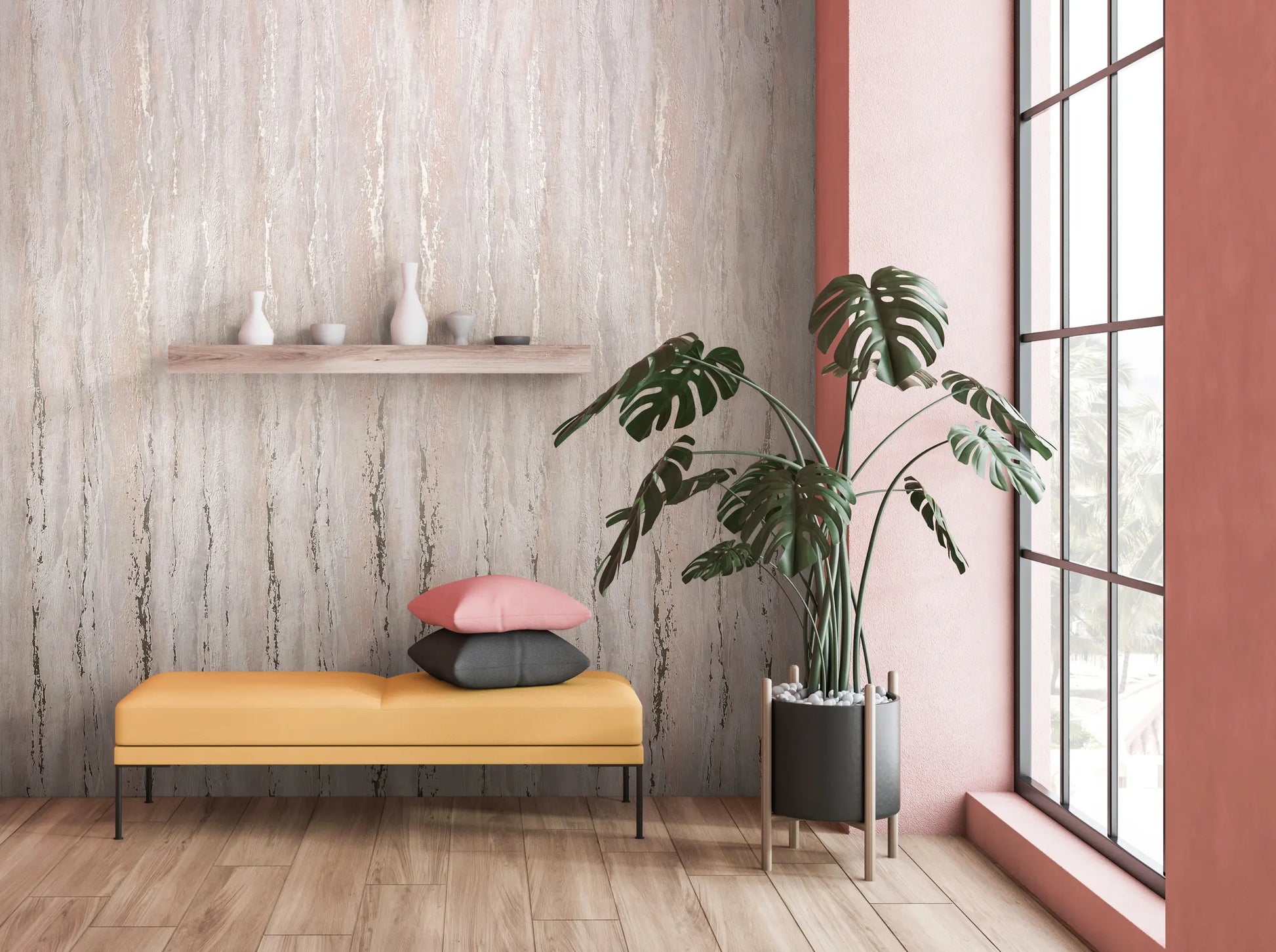 Marburg 35158 wallpaper lounge feature wall with textured neutral streaks, yellow bench with pink and charcoal cushions, floating shelf with white ceramics, tall window and potted monstera, calm modern feel.