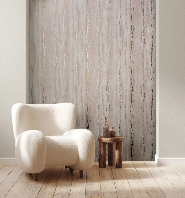 Marburg 35158 wallpaper in a lounge feature wall behind a plush cream armchair and small wooden side table with vases, cozy minimalist mood.
