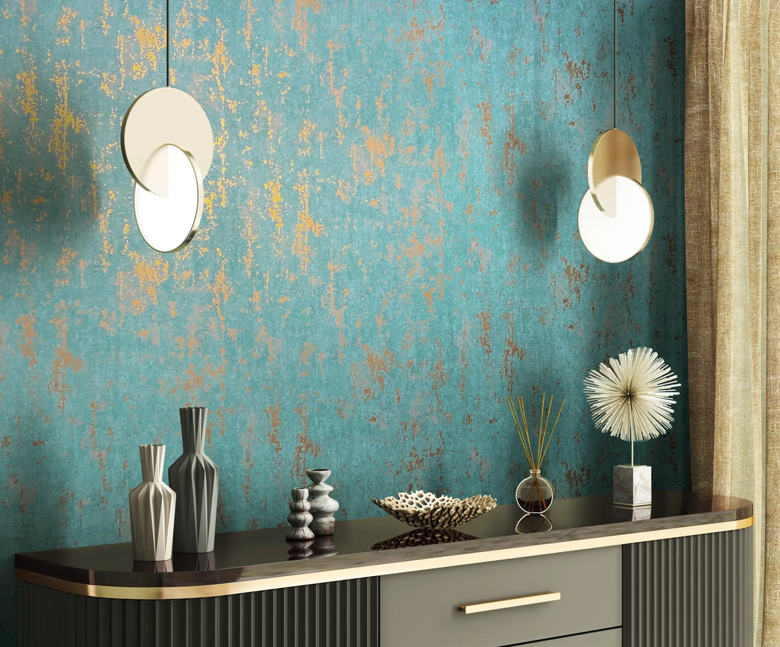 Marburg City Romance 35164 green concrete-look wallpaper with teal tone and weathered rust patina.