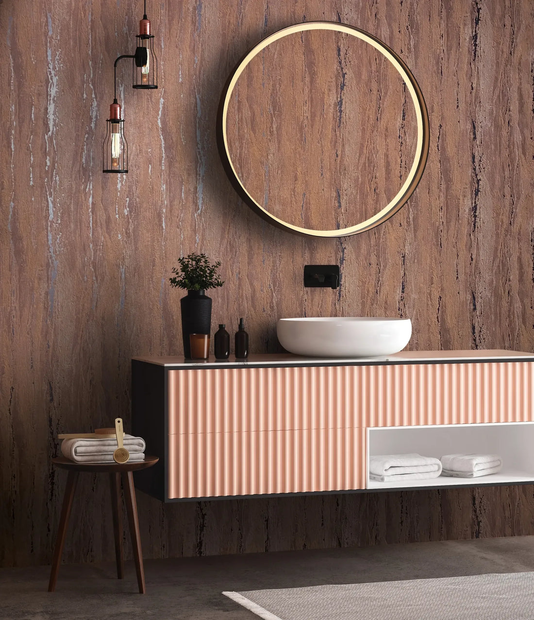 Marburg City Romance 35166 warm brown plaster-look textured wallpaper with vertical striations