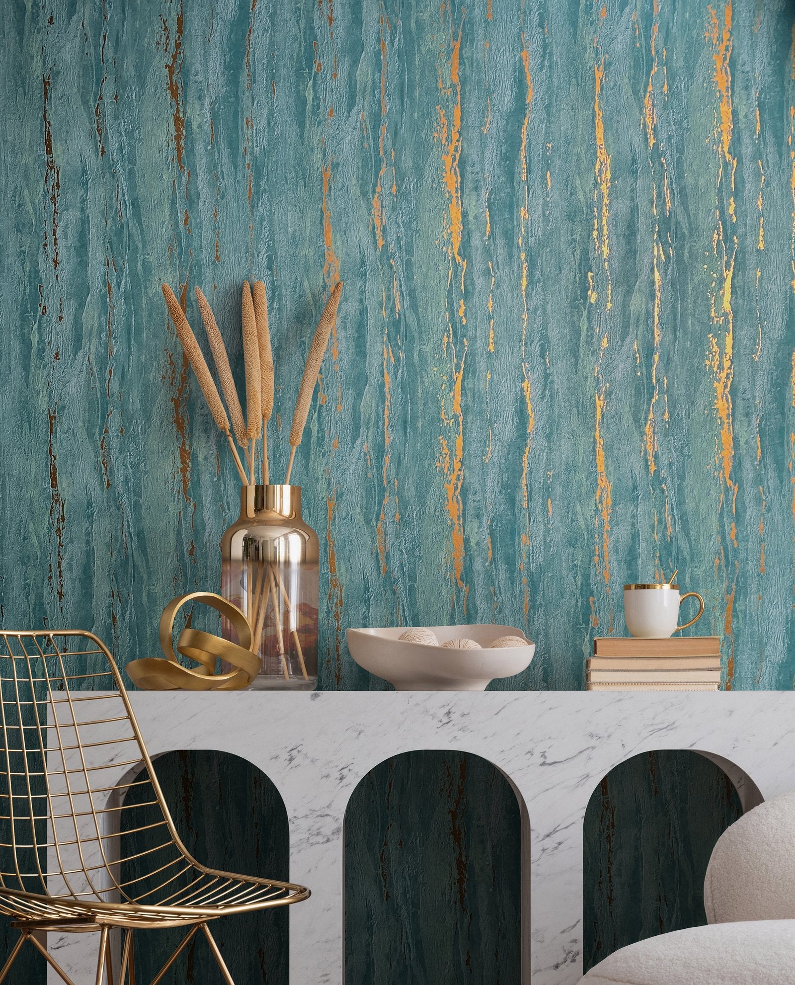 Marburg 35167 wallpaper in a serene living room feature wall behind a modern sideboard, with accessories