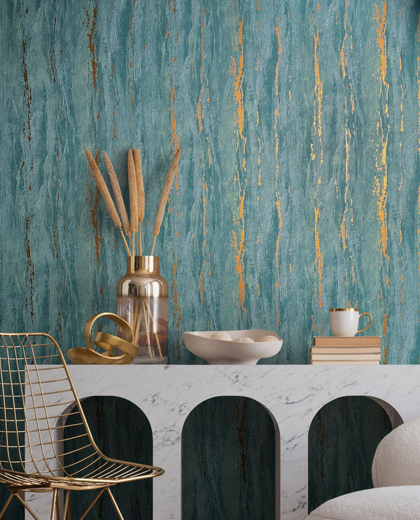 Marburg 35167 wallpaper in a serene living room feature wall behind a modern sideboard, with accessories