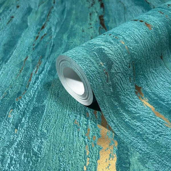 Marburg 35167 wallpaper close-up of textured teal abstract pattern with metallic gold streaks on a roll.