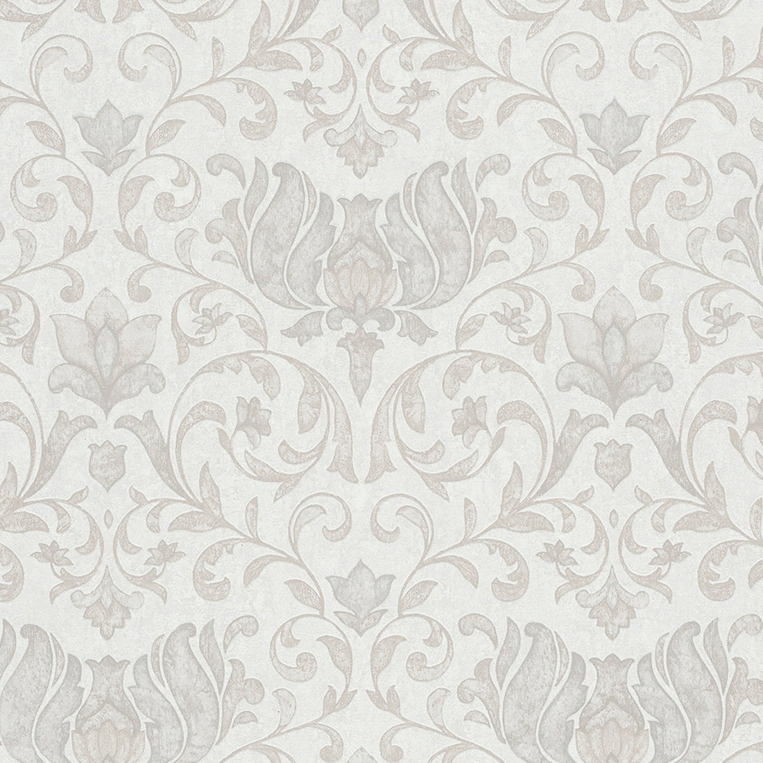 Marburg City Romance 35168 damask wallpaper featuring a classic symmetrical floral and scroll pattern in light gray on a warm off-white background.