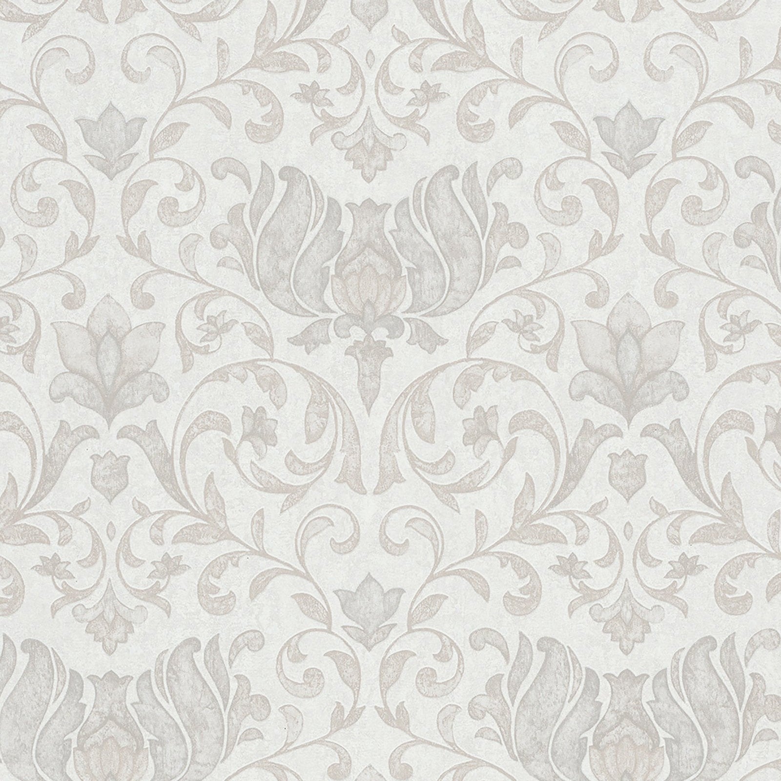 Marburg City Romance 35168 damask wallpaper featuring a classic symmetrical floral and scroll pattern in light gray on a warm off-white background.