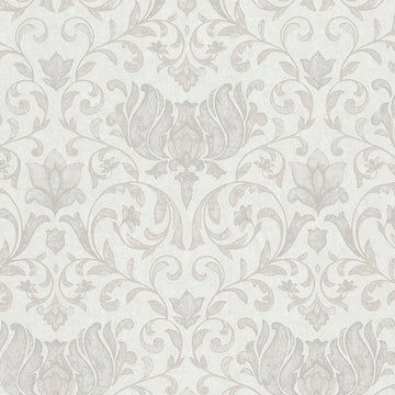 Marburg City Romance 35168 damask wallpaper featuring a classic symmetrical floral and scroll pattern in light gray on a warm off-white background.
