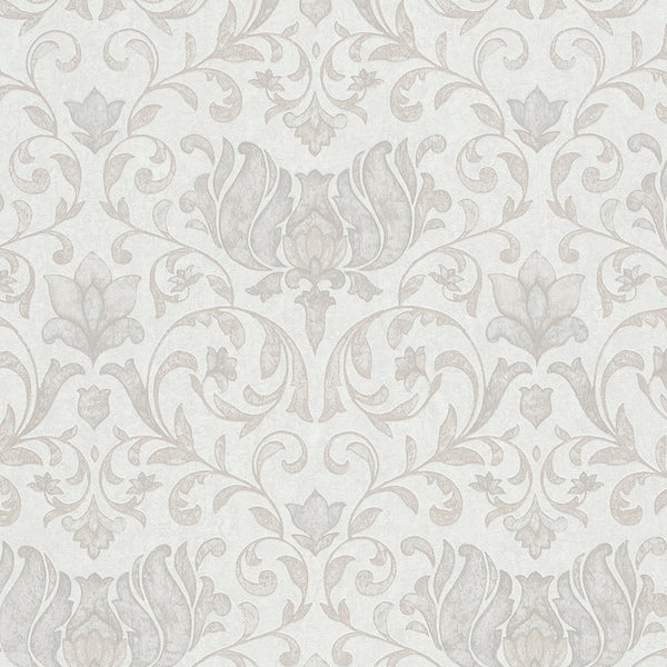 Marburg City Romance 35168 damask wallpaper featuring a classic symmetrical floral and scroll pattern in light gray on a warm off-white background.