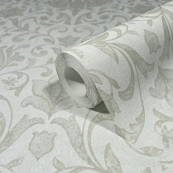 Marburg 35168 wallpaper close-up roll showing textured floral vine damask pattern in soft neutral tones.
