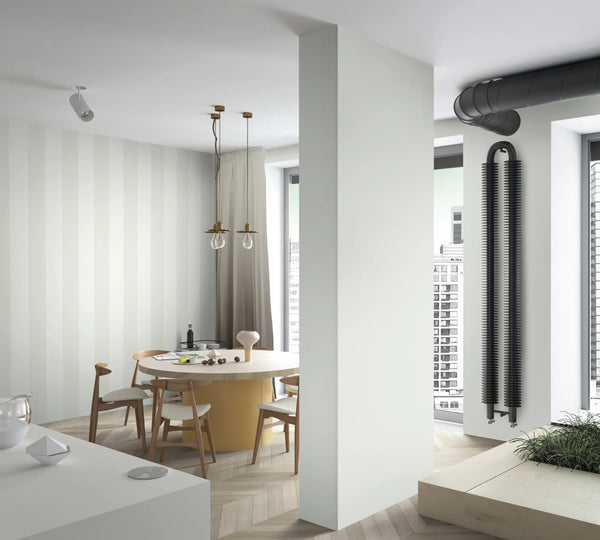 Marburg 47605 wallpaper modern lounge with a vertical striped feature wall, round dining table and wooden chairs, pendant bulbs, large windows, industrial radiator, and a built-in planter for a calm minimal mood.