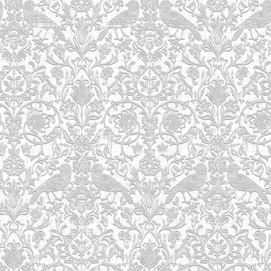 Marburg Heritage 47608 grey and white floral vine wallpaper with birds in a dense, embossed-look pattern.