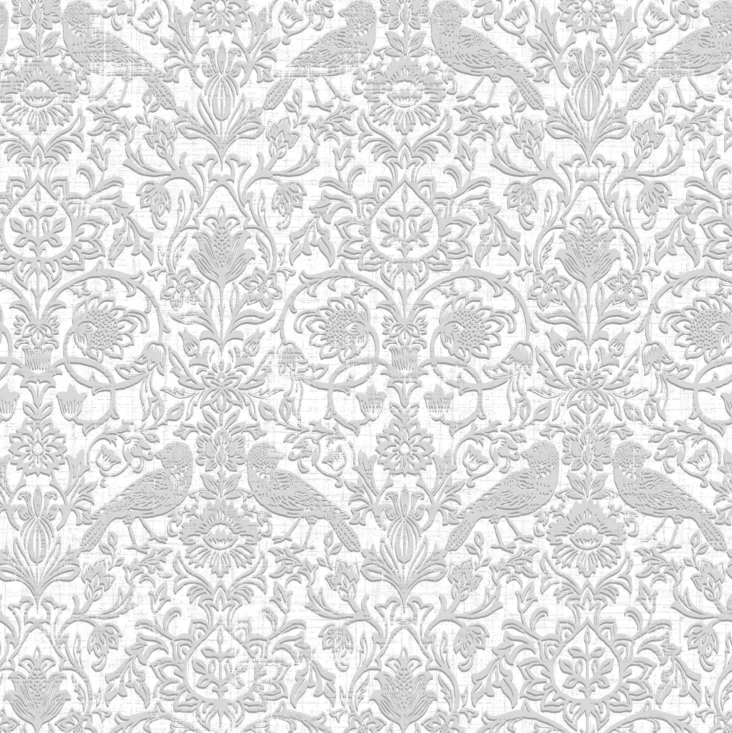 Marburg Heritage 47608 grey and white floral vine wallpaper with birds in a dense, embossed-look pattern.
