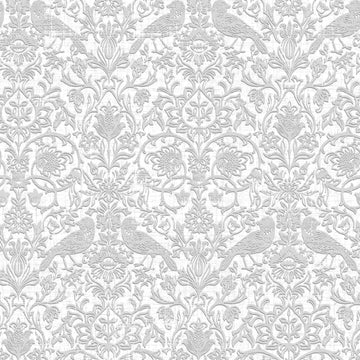 Marburg Heritage 47608 grey and white floral vine wallpaper with birds in a dense, embossed-look pattern.