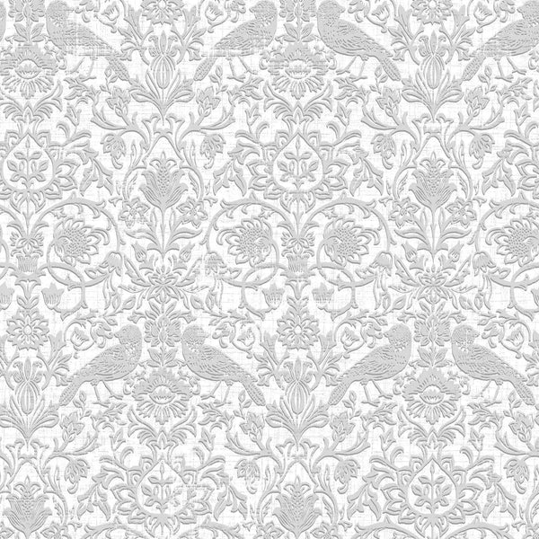 Marburg Heritage 47608 grey and white floral vine wallpaper with birds in a dense, embossed-look pattern.