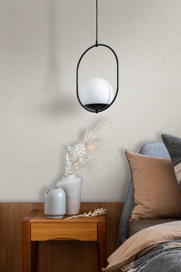 Marburg 47614 wallpaper serene bedroom feature wall with a wood bedside table, ceramic vases and dried stems, a modern pendant light, and layered bedding.
