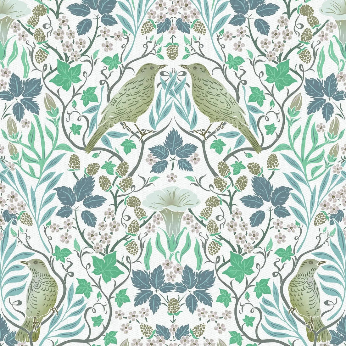 Marburg Heritage 47619 botanical wallpaper with blue and green vines, birds, and berries on white