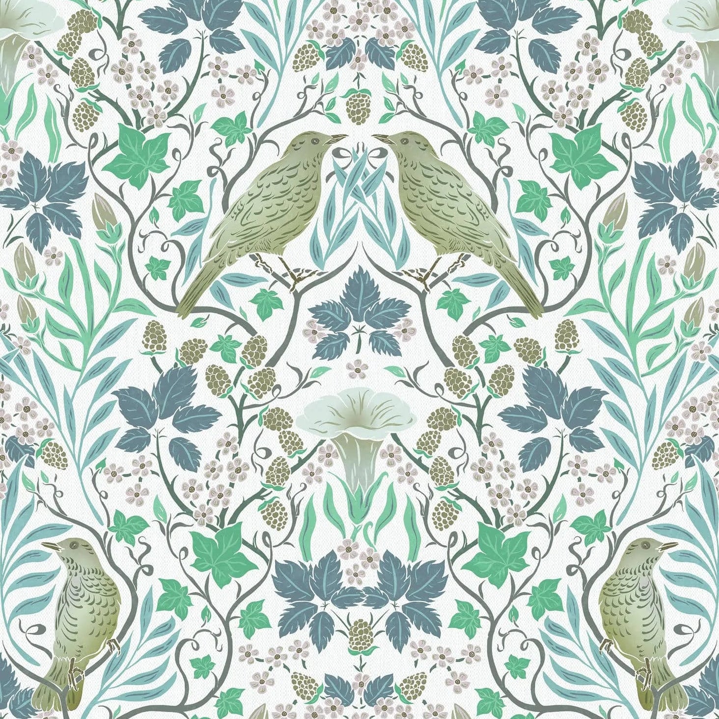 Marburg Heritage 47619 botanical wallpaper with blue and green vines, birds, and berries on white