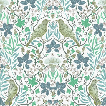 Marburg Heritage 47619 botanical wallpaper with blue and green vines, birds, and berries on white