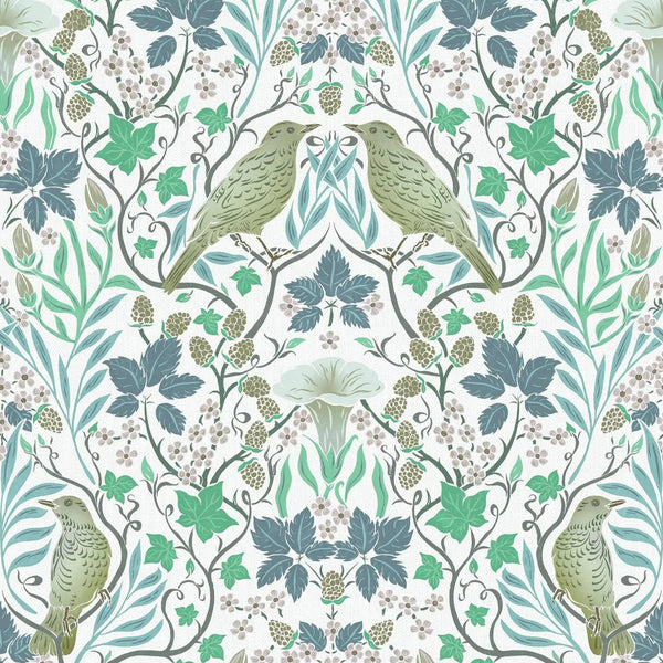 Marburg Heritage 47619 botanical wallpaper with blue and green vines, birds, and berries on white