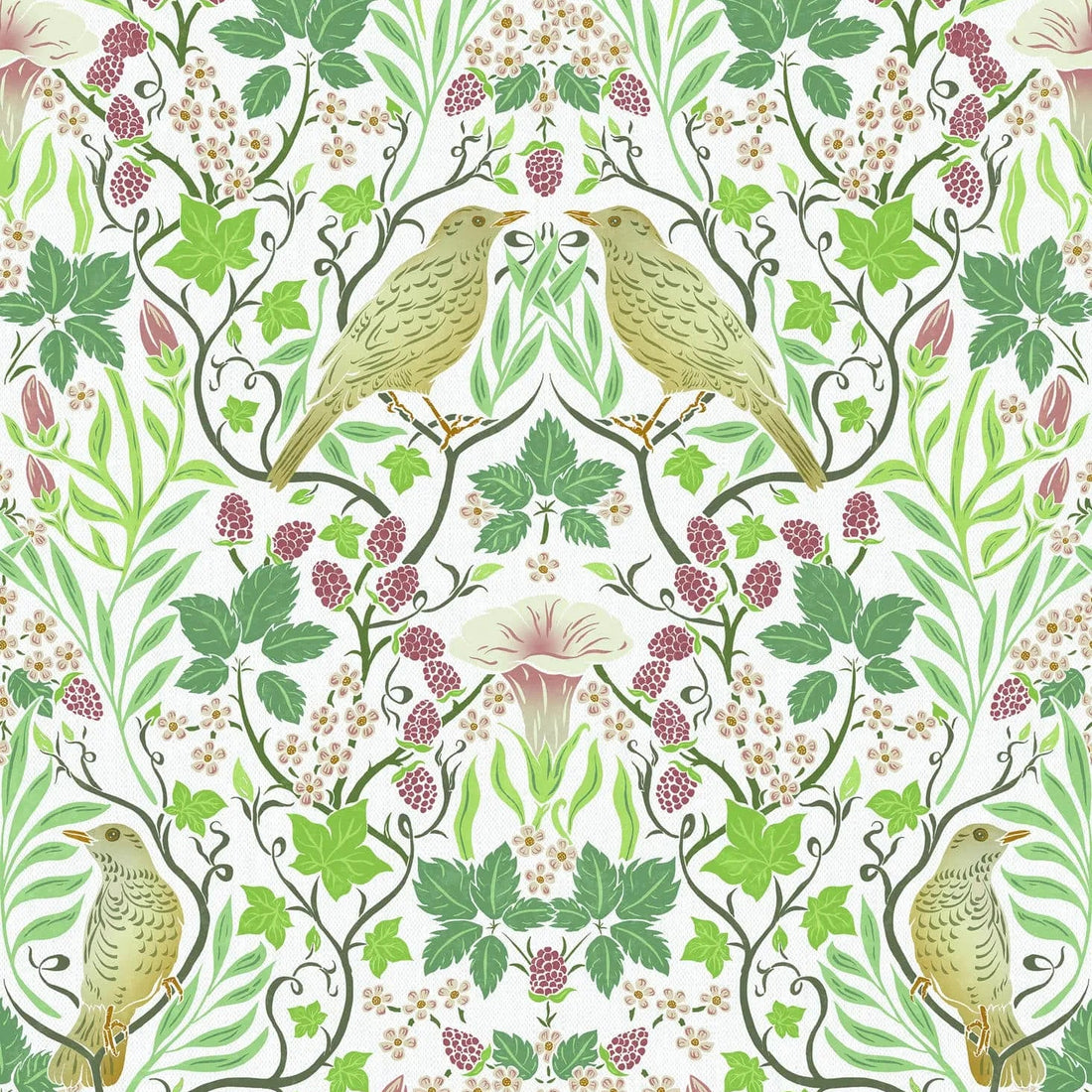 Marburg Heritage 47620 green botanical wallpaper with birds, vines and berries on white