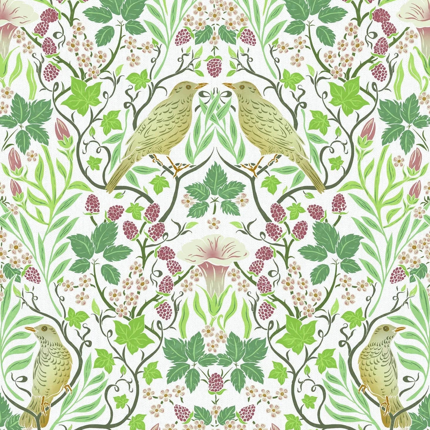 Marburg Heritage 47620 green botanical wallpaper with birds, vines and berries on white