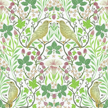 Marburg Heritage 47620 green botanical wallpaper with birds, vines and berries on white