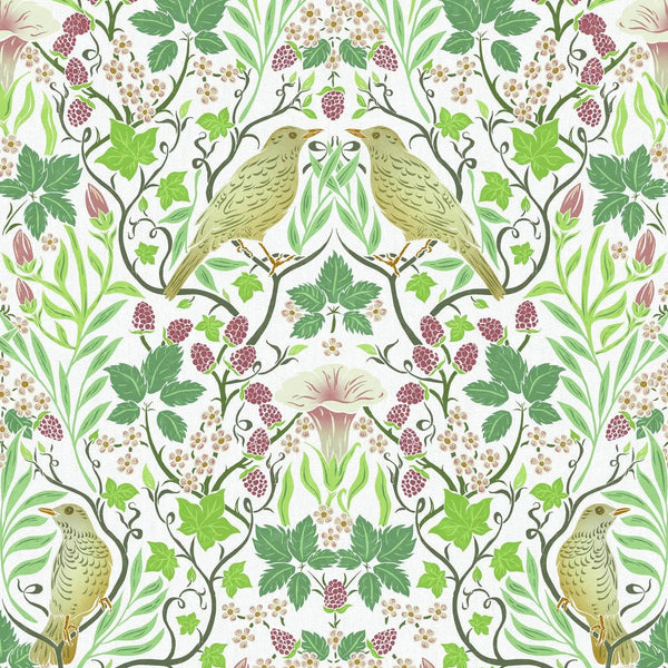 Marburg Heritage 47620 green botanical wallpaper with birds, vines and berries on white