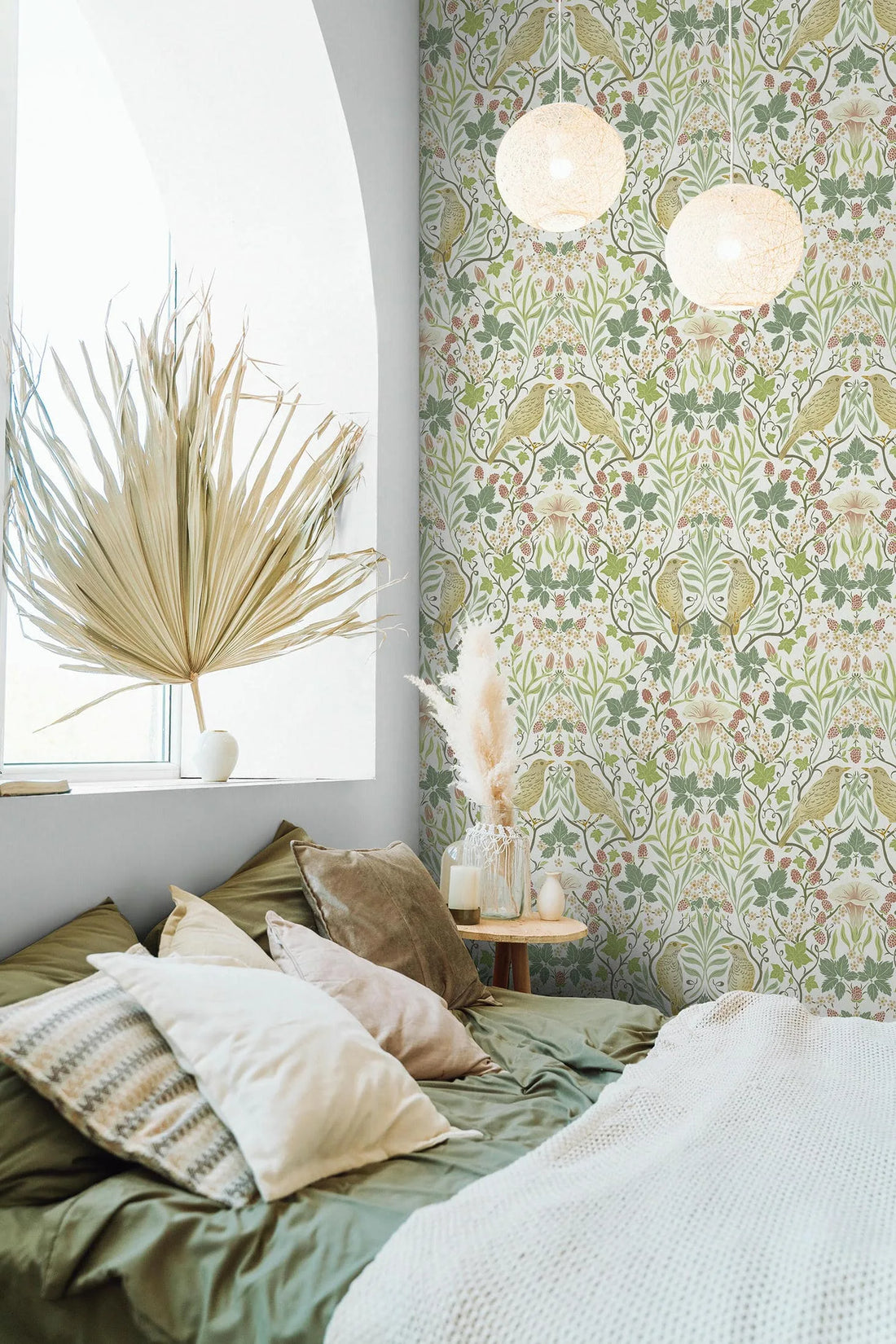 Marburg Heritage 47620 green botanical wallpaper with birds, vines and berries on white