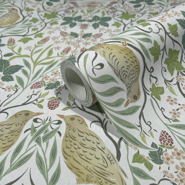 Marburg 47620 wallpaper close-up of tan birds among green leaves and red berries on a textured paper roll.