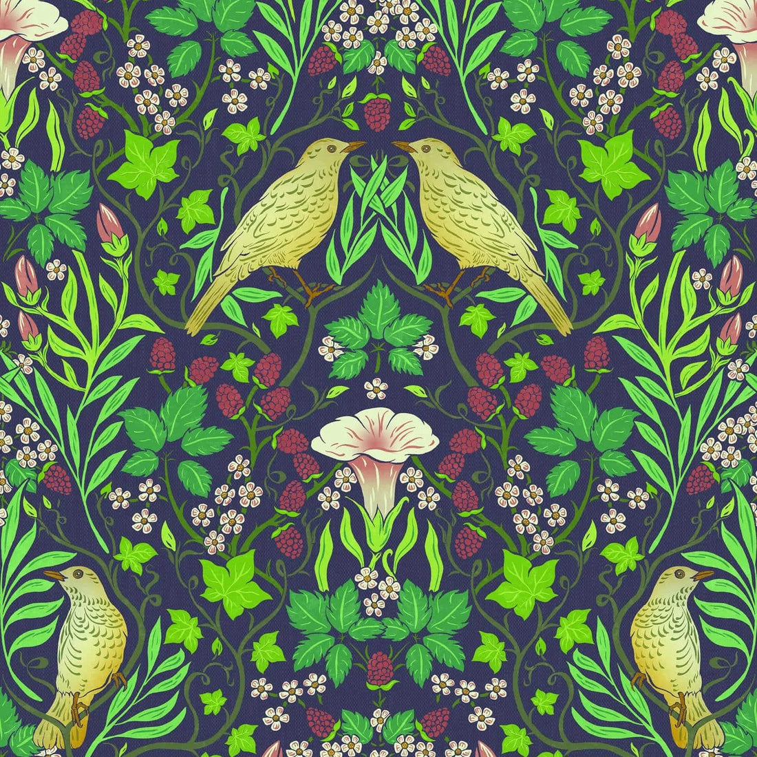 Marburg Heritage 47621 black and green botanical vine wallpaper with birds and berries on a deep matte ground
