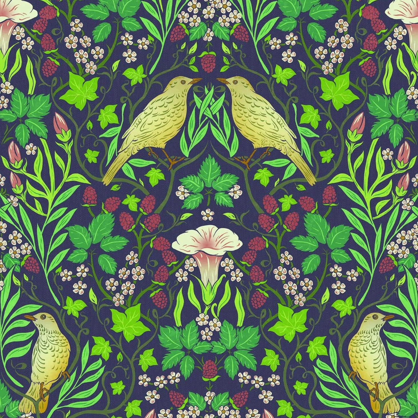 Marburg Heritage 47621 black and green botanical vine wallpaper with birds and berries on a deep matte ground