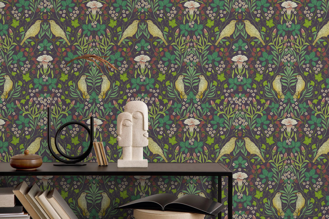 Marburg Heritage 47621 black and green botanical vine wallpaper with birds and berries on a deep matte ground