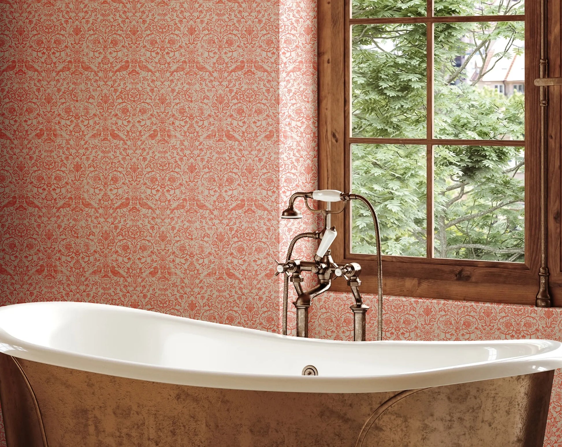 Marburg 47622 wallpaper bathroom feature wall behind freestanding tub with exposed mixer tap and wooden-framed window overlooking greenery, serene.