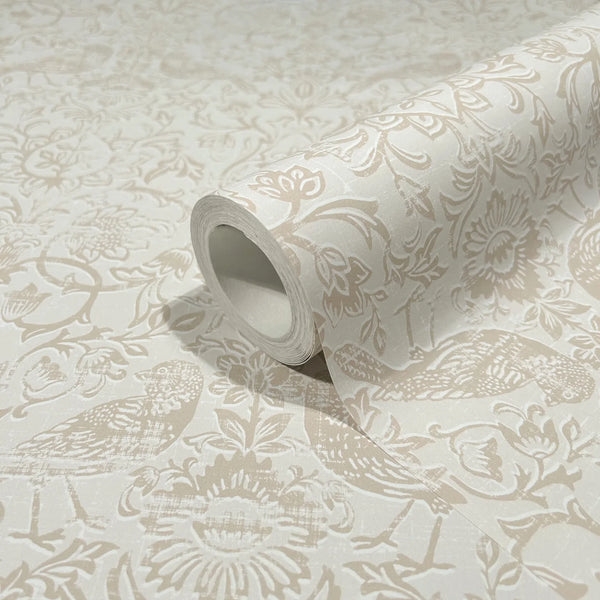 Marburg 47625 wallpaper roll close-up showing textured floral and bird pattern in soft neutrals.