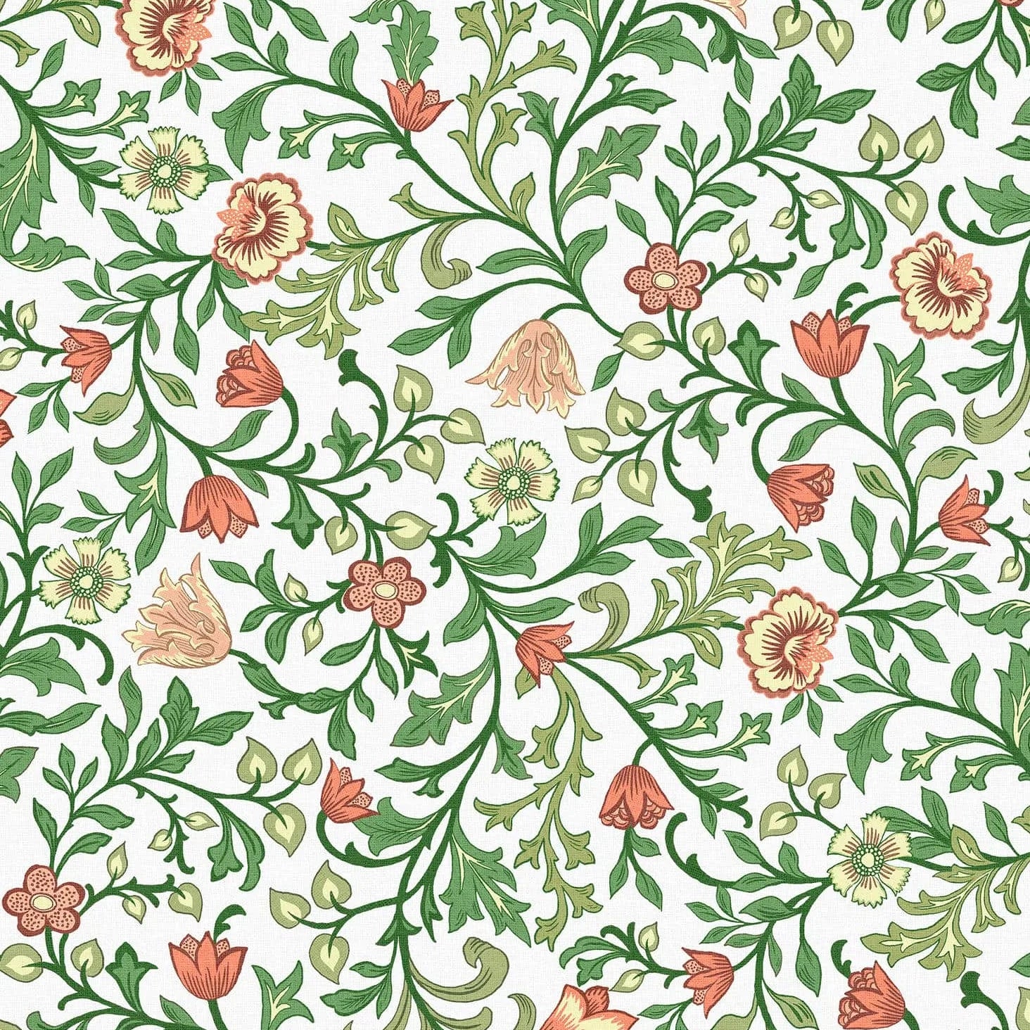 Marburg Heritage 47626 green and white trailing floral wallpaper with coral blossoms