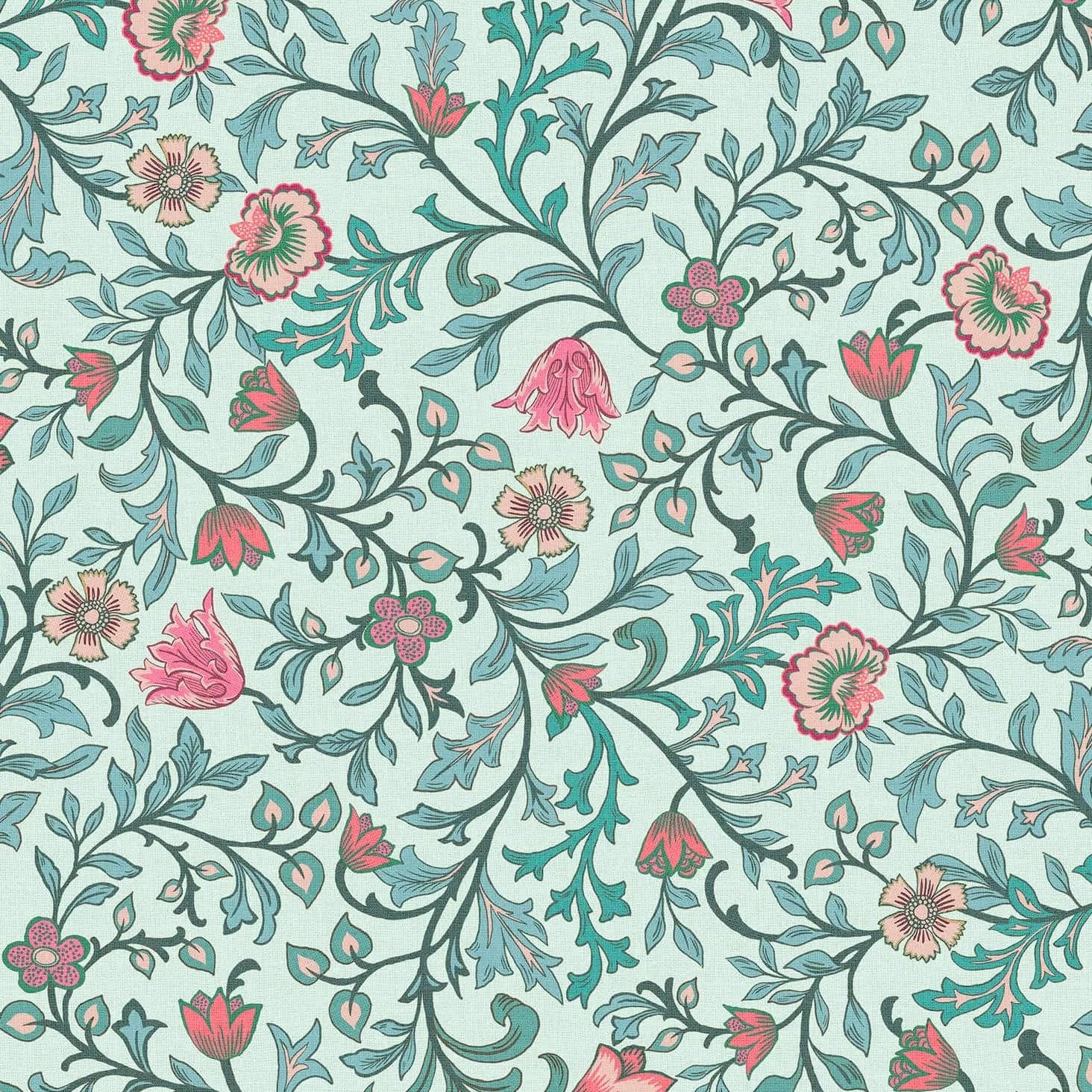 Marburg Heritage 47627 blue trailing floral wallpaper with teal leaves and pink blossoms