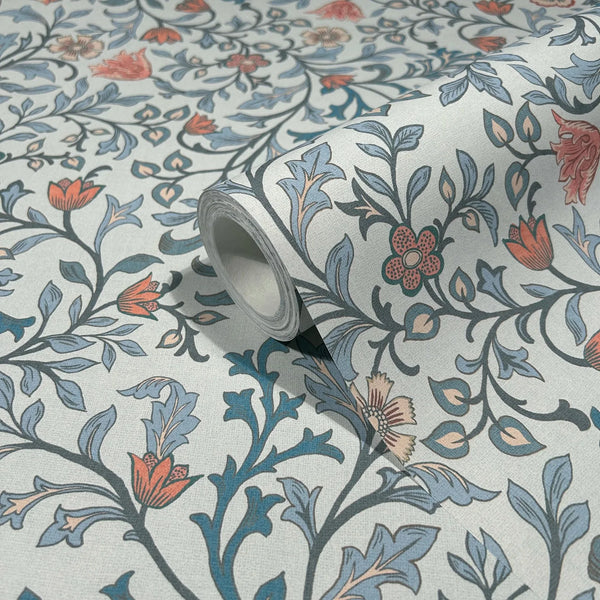 Marburg 47627 wallpaper roll close-up with blue leafy vines and coral flowers on a light textured background.