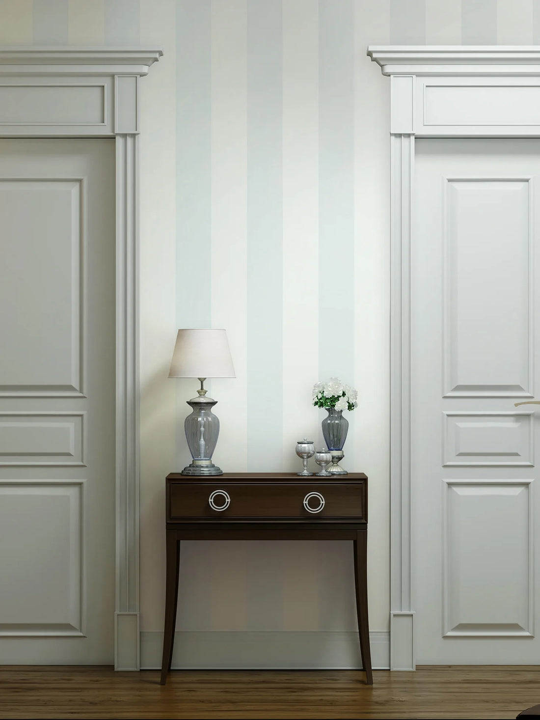Marburg Heritage 47635 soft blue and light grey wide vertical stripe wallpaper