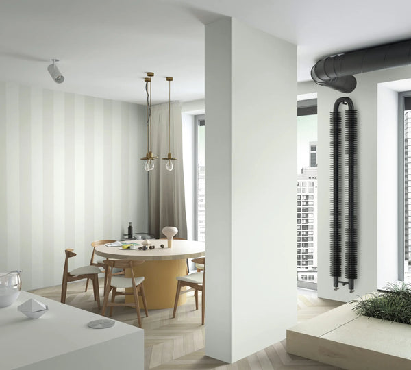 Marburg 47636 wallpaper open-plan lounge feature wall with subtle vertical stripes, round dining table and wooden chairs, pendant bulbs, large windows, serene minimalist feel.