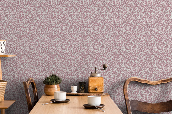 Marburg 47638 wallpaper lounge feature wall behind a rustic wooden table with vintage chairs, coffee cups, a manual grinder, a small potted plant and woven basket accents for a cozy relaxed vibe.