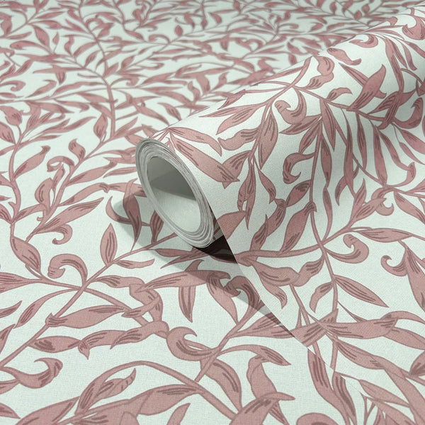 Marburg 47638 wallpaper roll close-up with pink leafy vine pattern on light background.