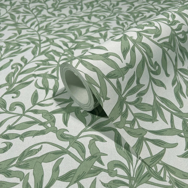 Marburg 47640 wallpaper close-up of green leafy vine pattern on a light background with a partially unrolled roll.