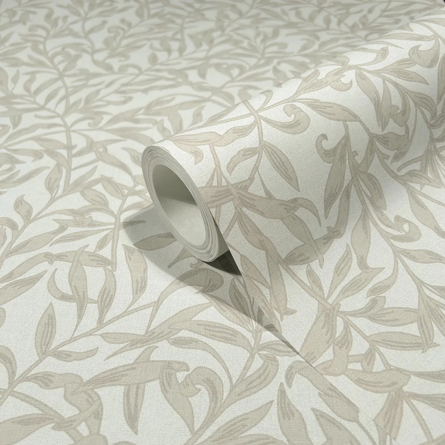 Marburg 47641 wallpaper with subtle neutral leafy vine pattern on a light background, close-up roll detail.