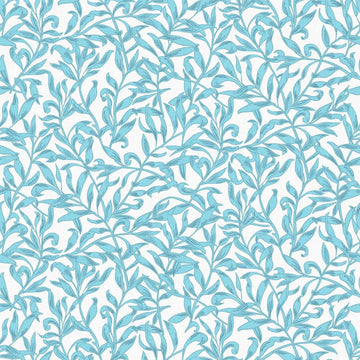 Marburg Heritage 47642 blue and gray leafy vine wallpaper on a light linen-look ground.
