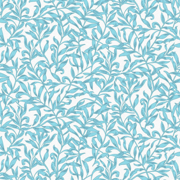 Marburg Heritage 47642 blue and gray leafy vine wallpaper on a light linen-look ground.