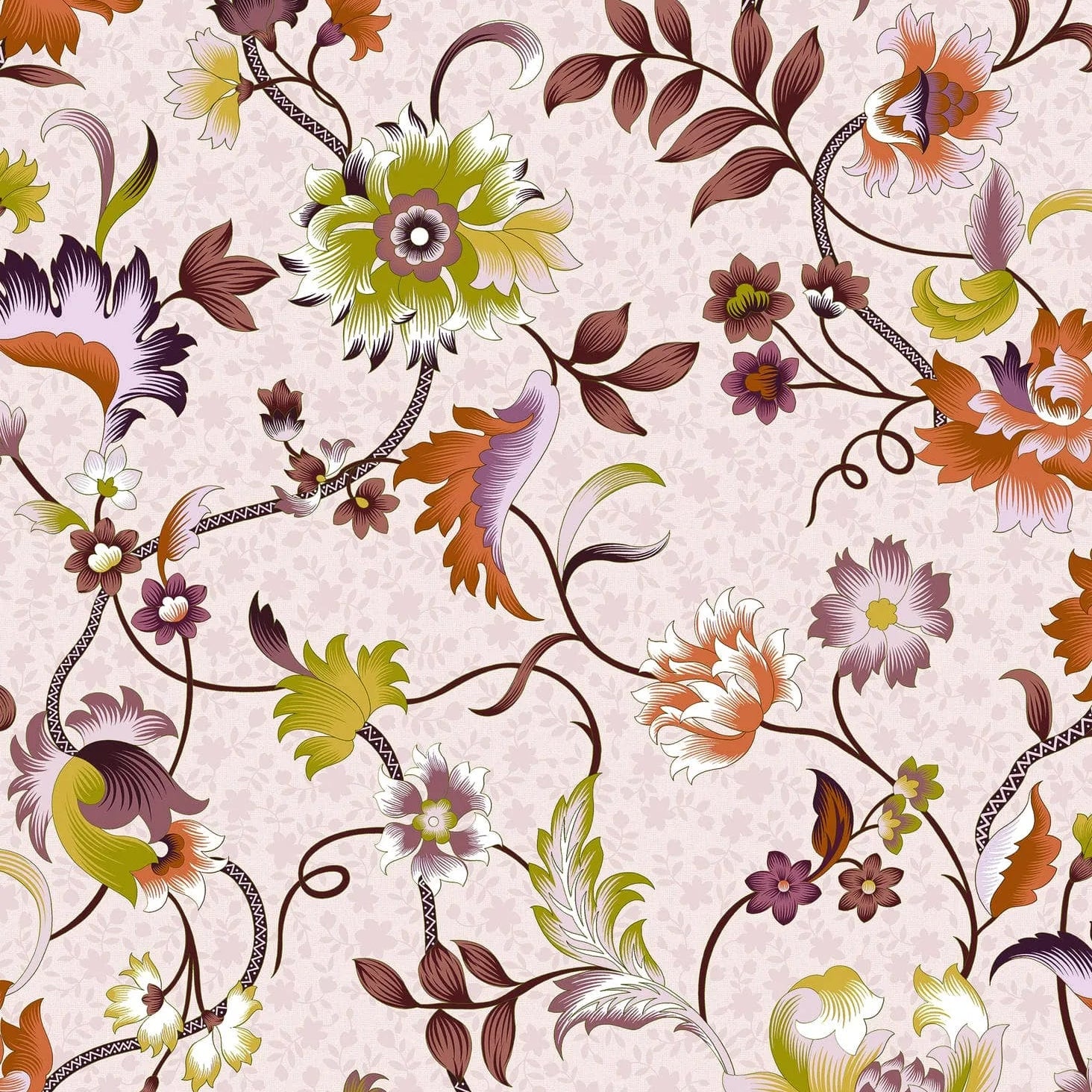 Marburg Heritage 47646 trailing floral wallpaper in warm brown, orange, and pink on a dusty rose background.